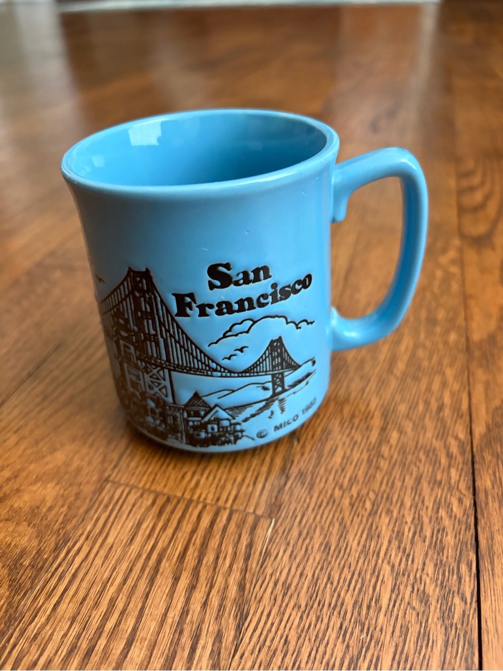 Vintage 1982 Light Blue Mico San Francsico Golden Gate Bridge Ceramic Coffee Mug